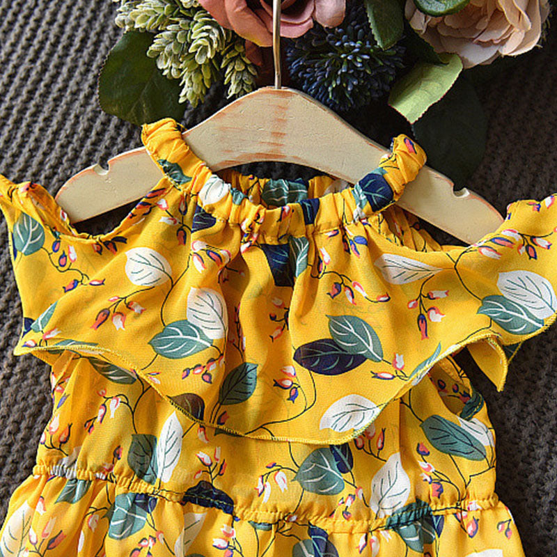 涼やかリーフ柄で夏のおでかけが映える 女の子ノースリーブワンピース シフォン風プリント 韓国風 ピンク・イエロー 100~140cm