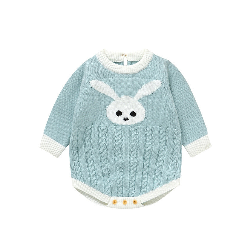 水色のうさぎジャカードニットロンパース 単体全体イメージ
