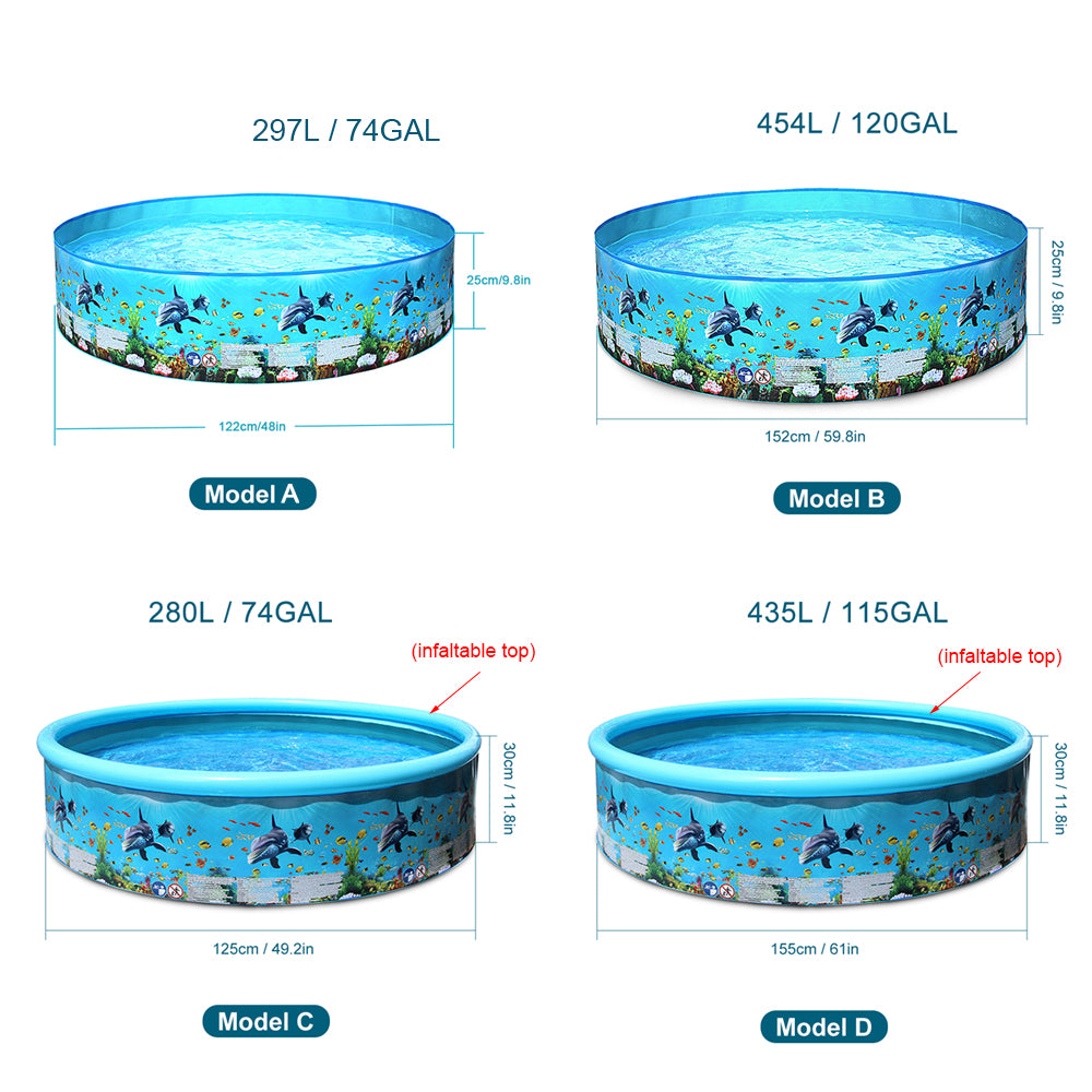折りたたみ式 ハードキッズプール アクアリウム柄 PVC ブルー 297L・454L・280L・435L（屋外水あそび用）