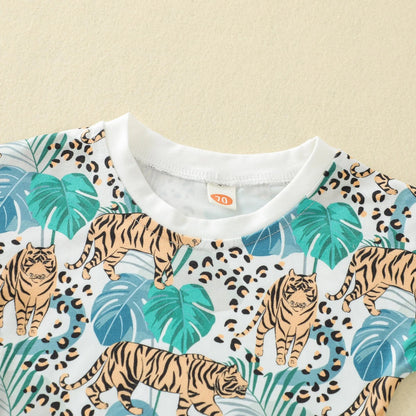 さらり快適なジャングルタイガー柄 子ども半袖Tシャツ＆ショートパンツ上下セット コットン 70~110cm
