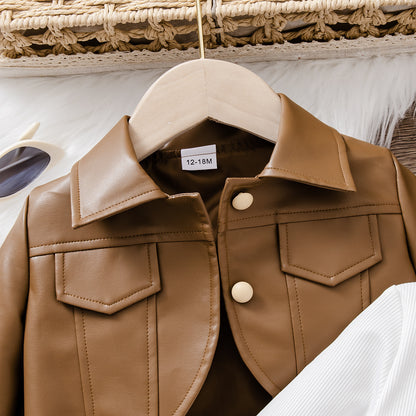 無地ブラウンカラーの子ども用長袖トップス正面全体写真
