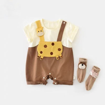 毎日がもっと可愛くなる 赤ちゃん半袖ロンパース キリンモチーフ オーバーオール風デザイン コットン 66~90cm