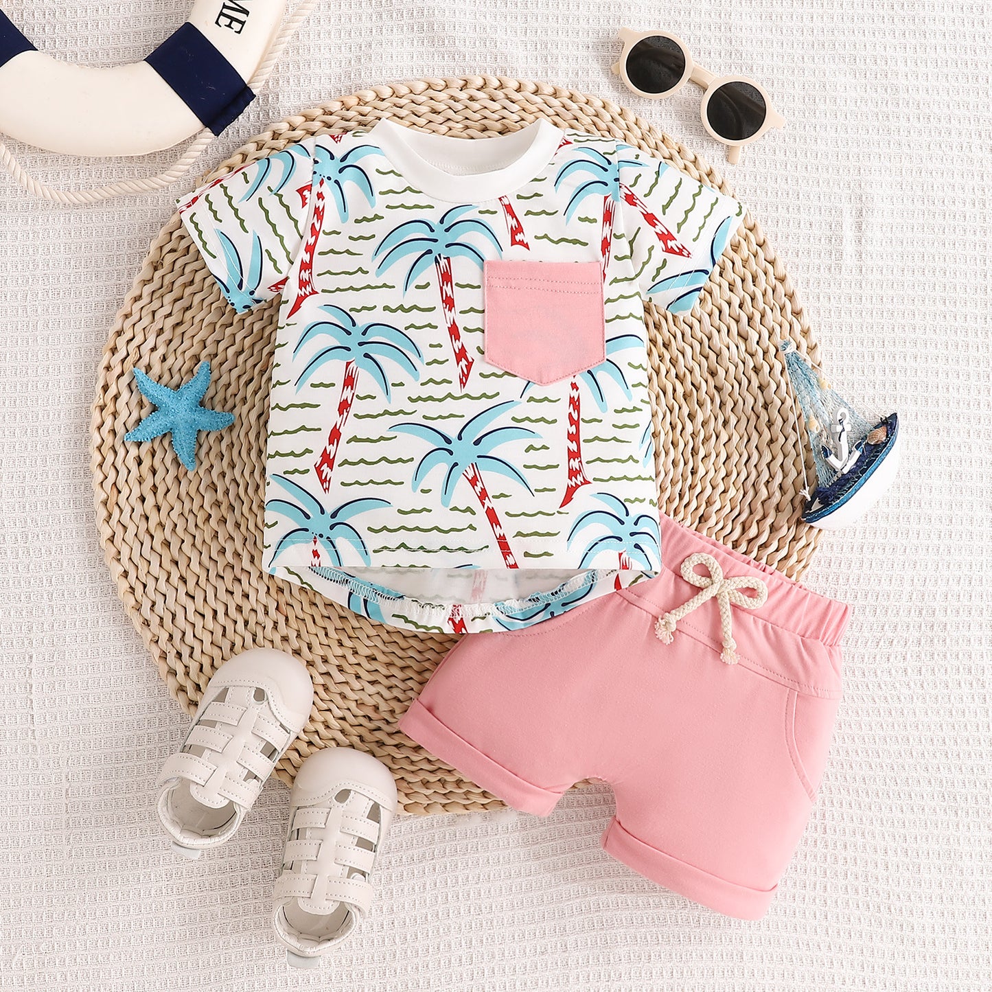 さらっと涼しく夏コーデが完成する 男の子カジュアル2点セット ヤシの木プリント ストライプ柄 コットン 0〜3歳