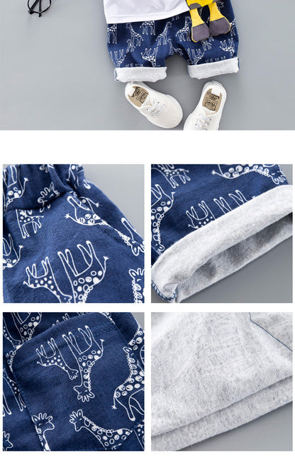 元気に動けて写真映えも叶う 男の子半袖Tシャツ上下セット キリンカートゥーンアップリケ コットン 80〜110cm