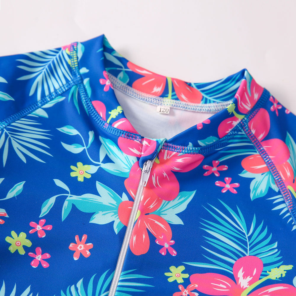 女の子 長袖ワンピース水着 トロピカル花柄 ネイビー系 ボタニカルプリント 速乾ポリエステル 100cm・110cm・120cm・130cm・140cm・150cm