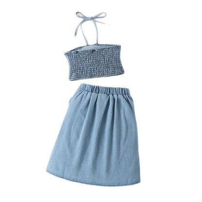 さらっと涼しく上品に華やぐ 女の子ホルターネックタンクトップ＆ショートスカートセット ローズモチーフ コットン素材 4〜7歳