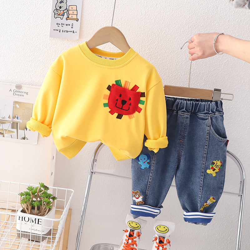動きやすくやさしい着心地の 男の子トレーナー＆ロングパンツ上下セット アニマルポケットデザイン コットン素材 80~120cm