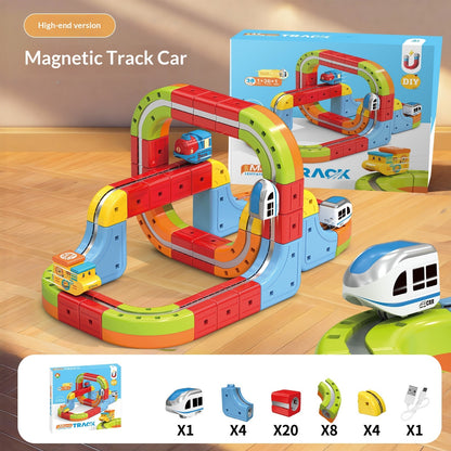 ハイエンド版「Magnetic Track Car」大きなループ付き立体レールコースと電動カー、本体箱とレールパーツ内容が並ぶ商品イメージ
