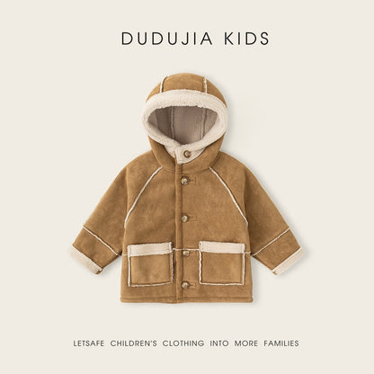 ふんわりボアで冬のおでかけもあったか 女の子フード付きコート テリークロス風ポリエステル 80–130cm