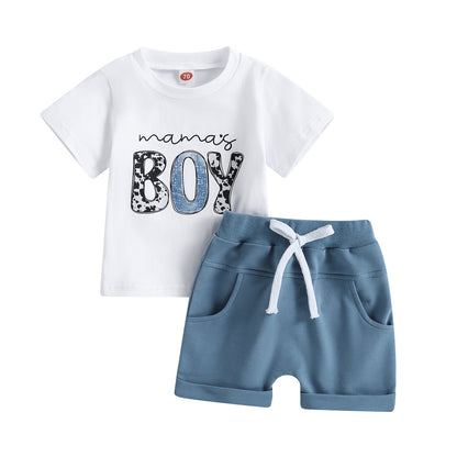 動きやすく毎日がきまる 男の子上下セット 半袖Tシャツ&ショートパンツ mama's BOY レタープリント 迷彩デザイン コットン混 70~110cm