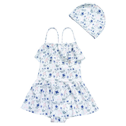 【スイムキャップ付き】キッズ女の子 フリルスカート一体型ワンピース水着 花柄・パープル｜日差し対策・塩素に強い・吸汗速乾・通気性 2-10歳