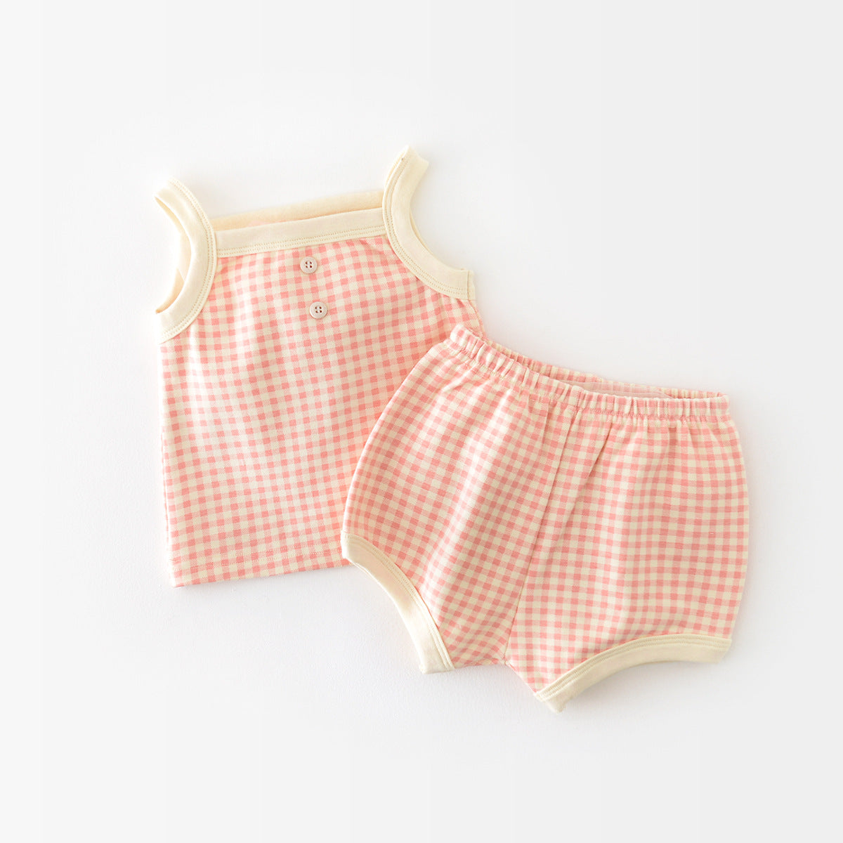 ピンクチェックのサマーパジャマ2点セット ノースリーブトップスとショートパンツの全体イメージ
