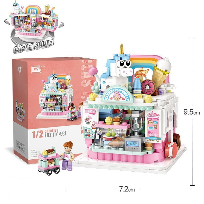 ユニコーンをモチーフにしたアイスクリームショップ風ミニブロックセット。カラフルなレインボーパーツ、ワッフルコーン装飾、ショーケース、メニュー看板、子供フィギュア、カート付き。幅7.2cm×高さ9.5cmのコンパクトサイズで、創造力と手先の発達を促す知育ビルディングトイ。
