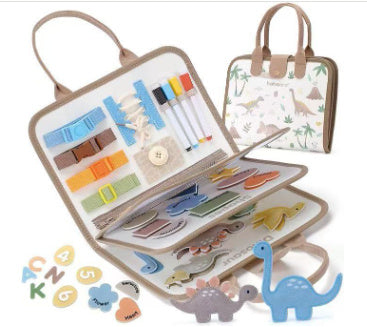 ベージュのモンテッソーリ知育バッグ、恐竜パーツと多層アクティビティが揃った幼児向け学習セット  
