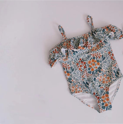 【スイムキャップ付き】花柄フリルスリング ガールズワンピース水着 80・90・100・110cm（フローラル2色）