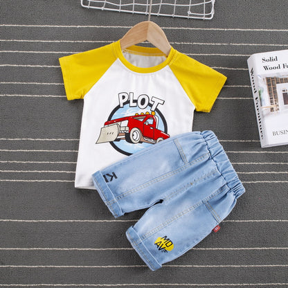 元気に遊べて夏コーデが完成する 男の子半袖ラグランTシャツ＆ショートパンツ上下セット はたらく車カートゥーンプリント コットン 80~110cm
