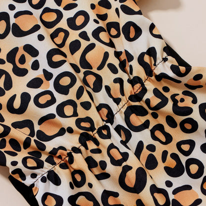 軽やかレオパードでおしゃれに決まる 女の子ベビーロンパース フリル袖×襟付きデザイン コットン素材 70~100cm