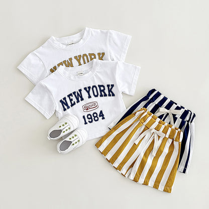 キッズ 夏用 半袖Tシャツ＆ショートパンツ 2点セット NEW YORK レタープリント コットン 韓国風 66〜100cm