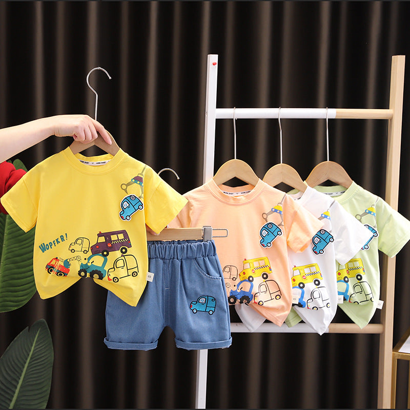 元気に遊べる 男の子半袖Tシャツ＆ショートパンツ上下セット のりものカートゥーンプリント コットン素材 80~120cm