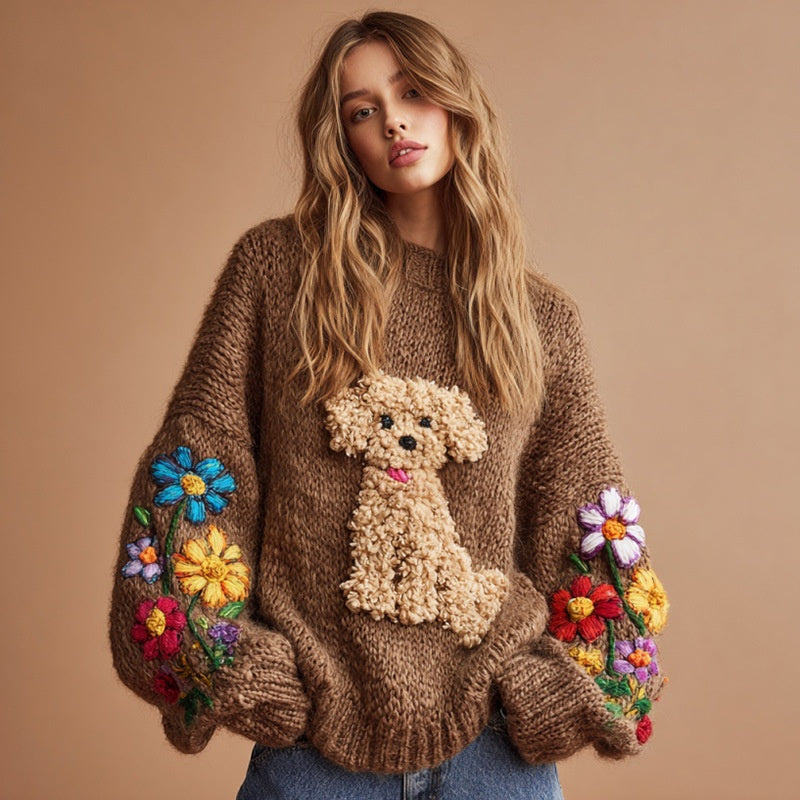 立体犬モチーフ＆フラワー刺繍 アートスウェット XS〜XL