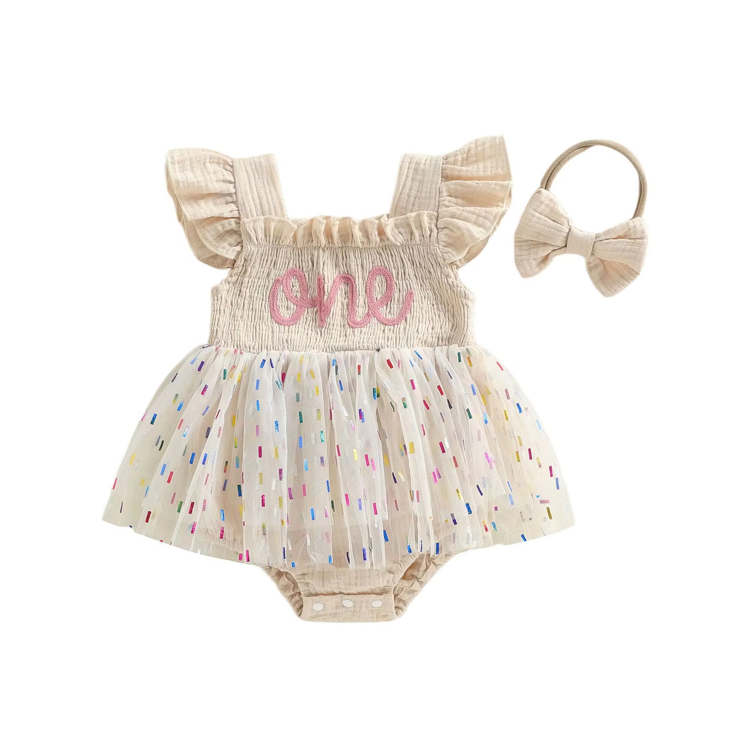 ふんわりチュールで写真映えする 女の子ベビーメッシュロンパース one刺しゅう ボウヘアバンド付き コットン 6〜18ヶ月