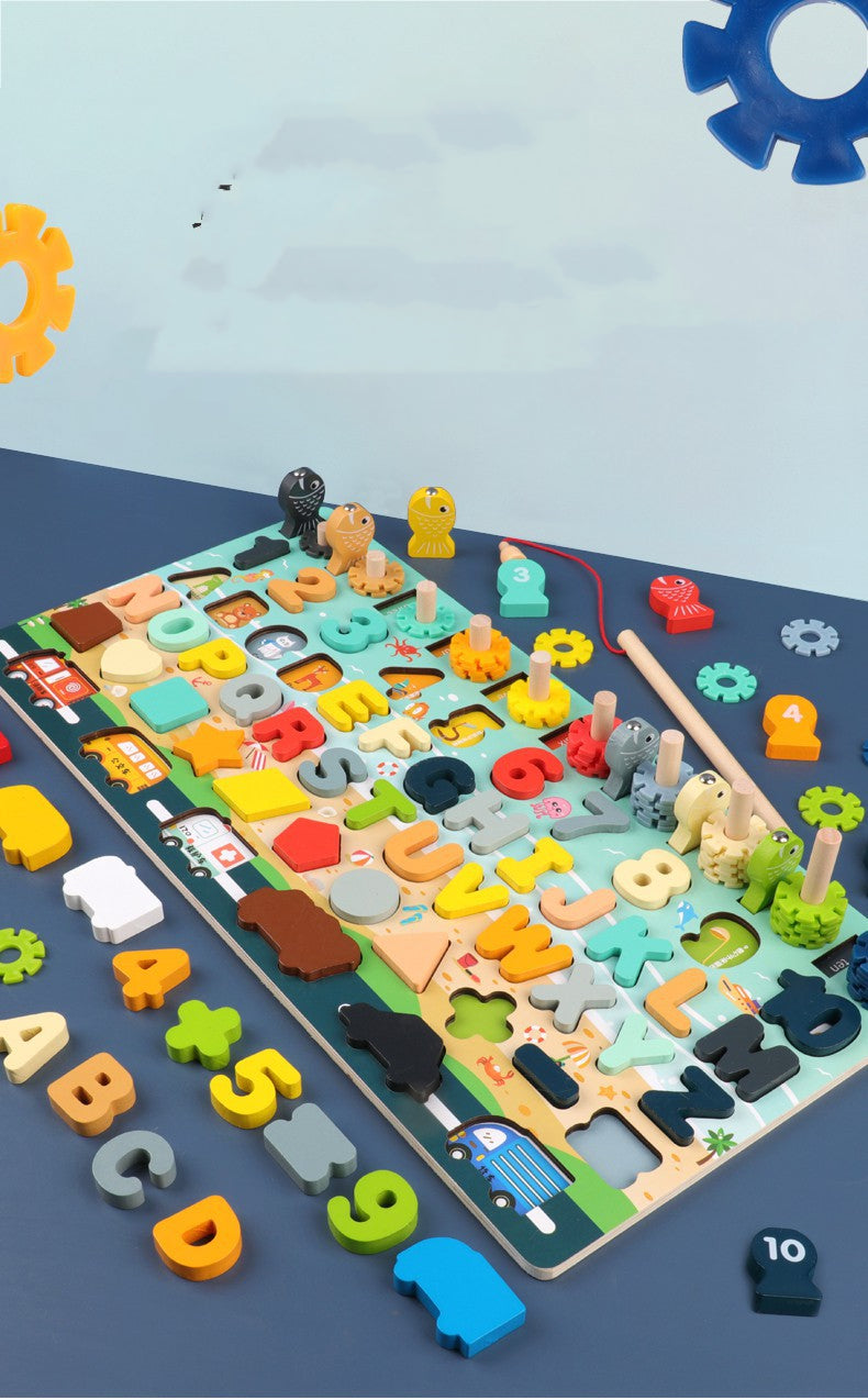 木製ロジックボードの全体とピースの並びイメージ
