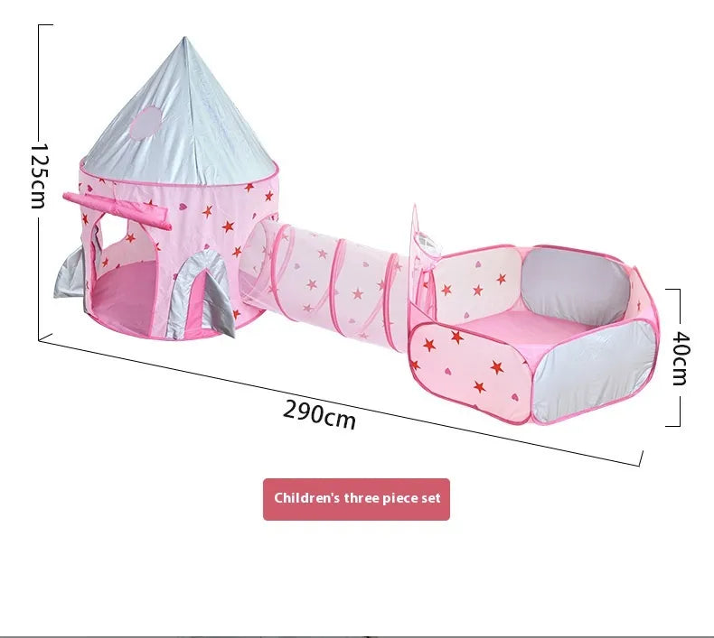 キャッスル3点セット ピンク テント＋トンネル＋ボールプール サイズ寸法イメージ 全長290cm 高さ125cm 高さ40cm 図解（白背景）
