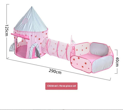 キャッスル3点セット ピンク テント＋トンネル＋ボールプール サイズ寸法イメージ 全長290cm 高さ125cm 高さ40cm 図解（白背景）
