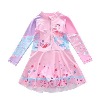 キッズ女の子 長袖ドレス風ワンピース水着 マーメイド柄 ハーフジップ 速乾ポリエステル 3〜14歳