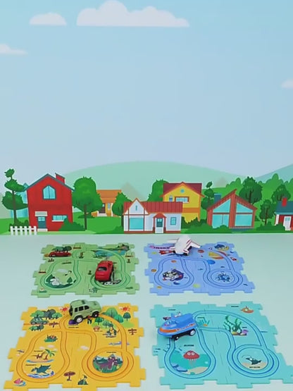 電動パズルレールカー 論理ルートDIYトロリー 恐竜・森・宇宙・海の4テーマ知育パズルトラック 3歳頃から