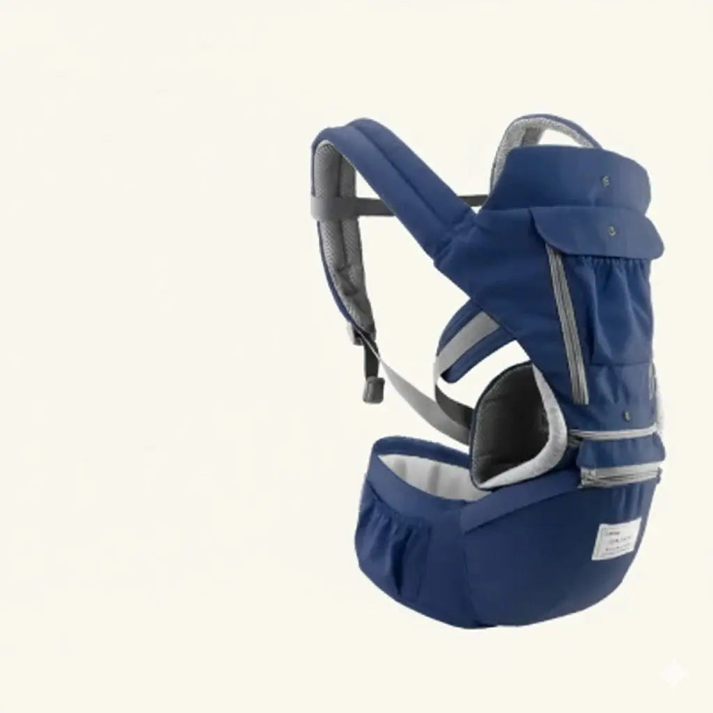 ブルーの多機能ベビーキャリア 幅広ショルダーで負担分散し長時間抱っこも安心（抱っこ紐）収納ポケット付き
