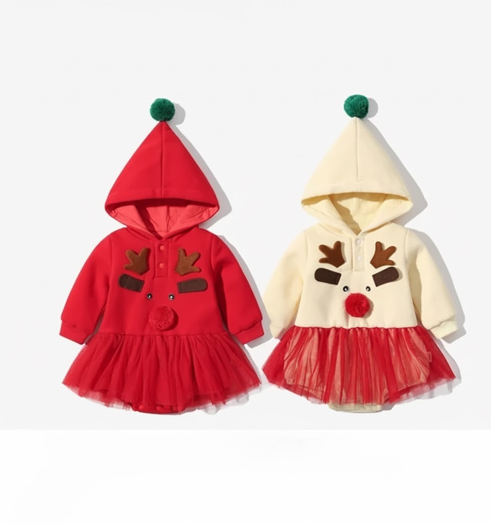 トナカイデザインのフード付きベビープリンセスロンパース
