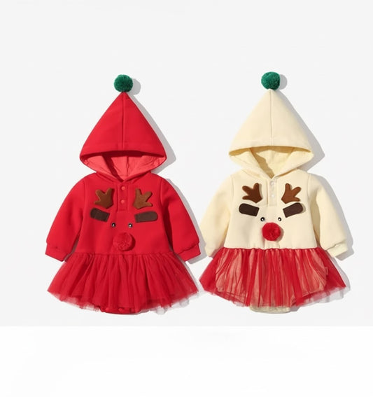 トナカイデザインのフード付きベビープリンセスロンパース
